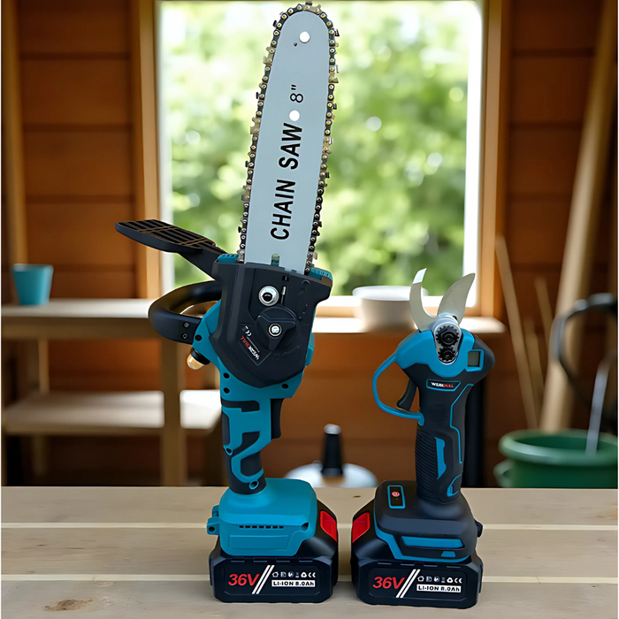 Промо 2в1 комплект WerkBull Акумулаторна Лозарска ножица с дисплей и Безчетков Трион с автоматично омасляване