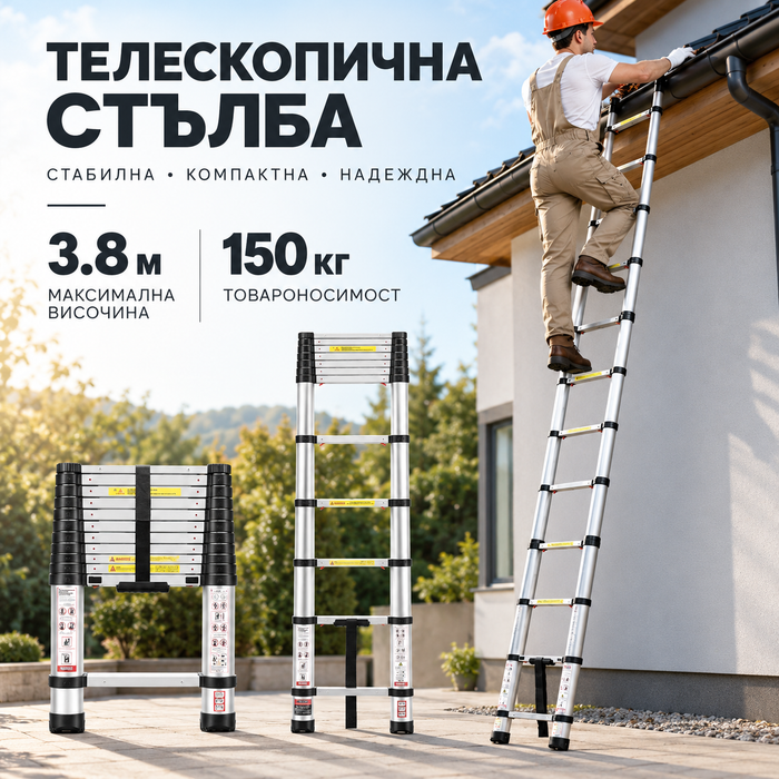 Телескопична алуминиева стълба 3,8 м, до 150 кг - снимка 2