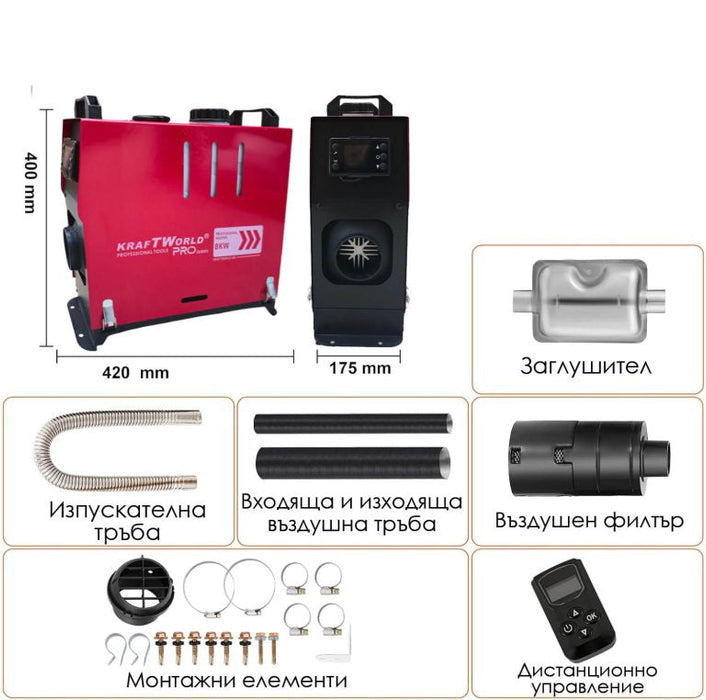 Преносима дизелова печка WERKBULL GERMANY PRO 8kW 12V – електронно управление, дистанционно, нисък разход