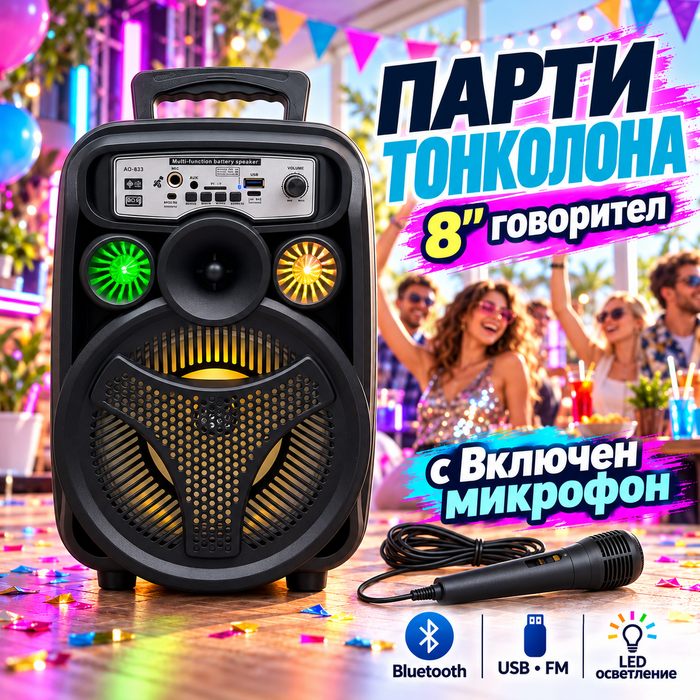 Караоке тонколона 8 инча с LED и кабелен микрофон